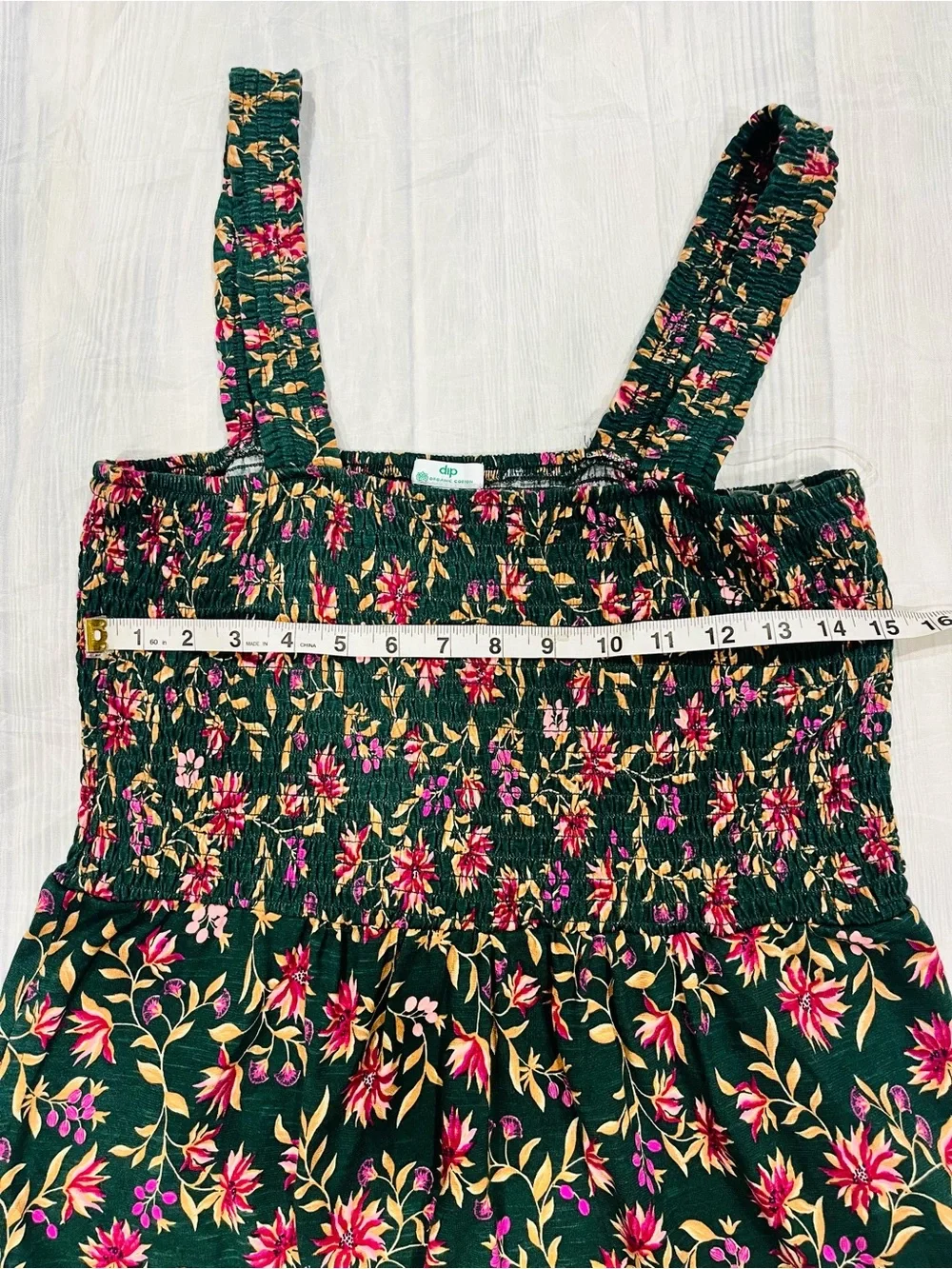 100% Organic Cotton Dark Green Floral Smocked Maxi Dress - Picture 7 of 8